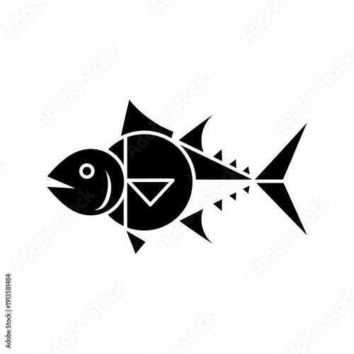 Stylized Tuna Fish Icon, Geometric Silhouette, Black and White
