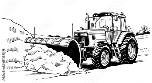 Tractor clearing snow with a plow in a black and white illustration