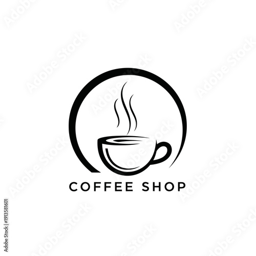 Minimalist coffee cup logo with steam, coffee shop text, black and white vector graphic.