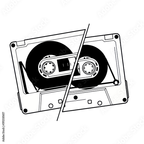 Retro cassette tape cut in half, vintage audio recording symbol, nostalgia concept