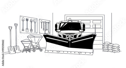 Snow Plow Truck and Winter Maintenance Equipment in Garage