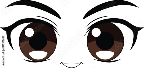 Cartoon representation of large brown anime eyes with dark eyebrows showing an intense or mischievous expression.
