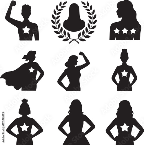 Silhouette icons of women in various strong and powerful poses