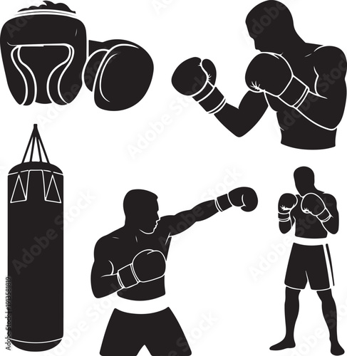 Silhouette of boxers and boxing equipment in various poses and actions