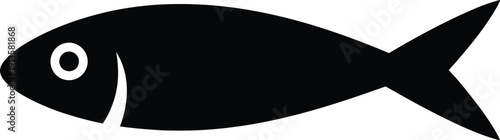 Simple black silhouette of a small fish, likely a sardine or anchovy, facing left on a plain white surface.