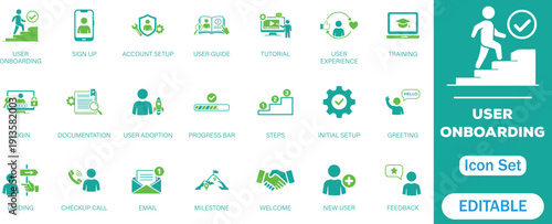 User onboarding solid vector icon collection, welcome, sign up, user guide, tutorial, UX, login and more.
