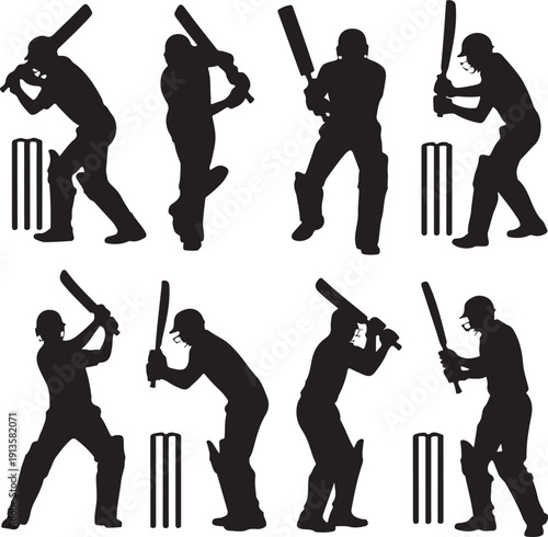 Silhouette of various cricket player poses with bats and wickets