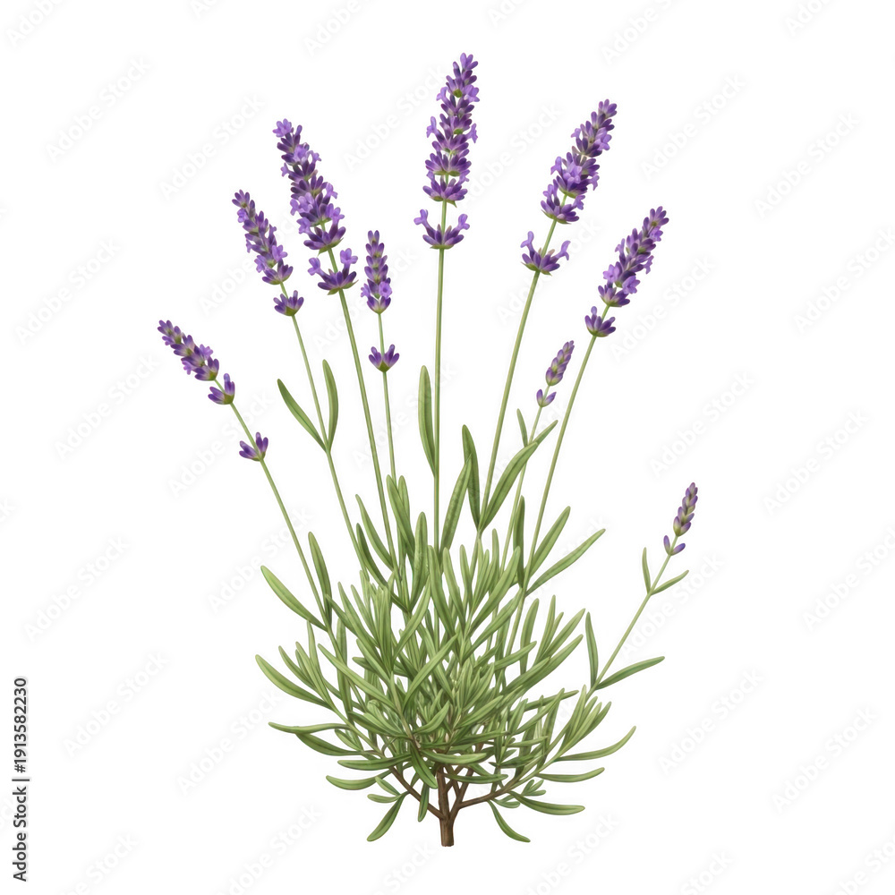 Obraz premium A vibrant bunch of purple lavender flowers with green stems and leaves. isolated on transparent background