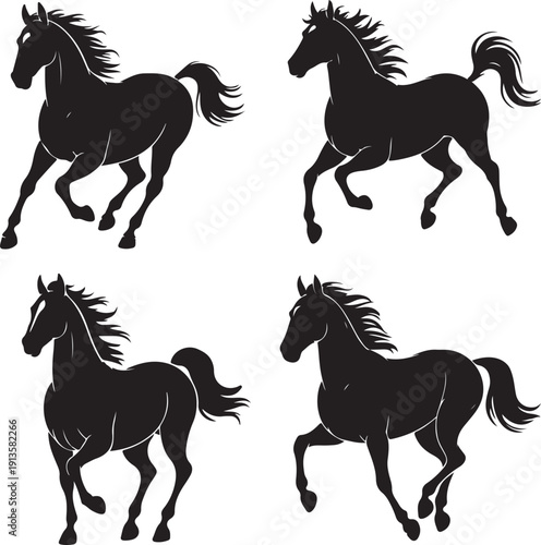 Silhouettes of four black horses running freely in different poses