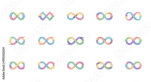 Colorful infinity symbols with arrows representing endless cycles, continuity, and seamless loops