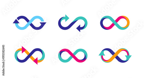 Colorful infinity loop symbols with arrows representing continuous cycle, endless connection, and perpetual motion