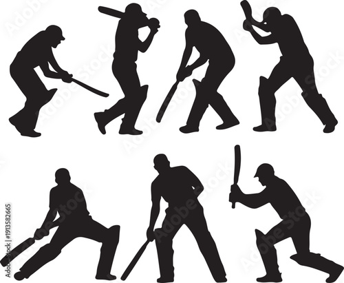 Silhouettes of baseball players in various batting poses with bats
