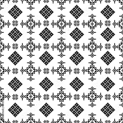 Seamless Tribal Ethnic Ornament Pattern in Black and White Folk Style. ideal for fabric prints, fashion textiles, wallpapers, home decor, packaging, stationery, and branding.