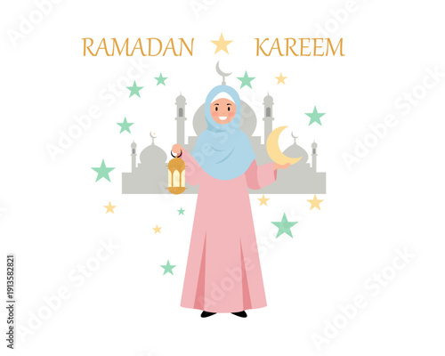 Flat minimalist Ramadan Muslim girl vector illustration