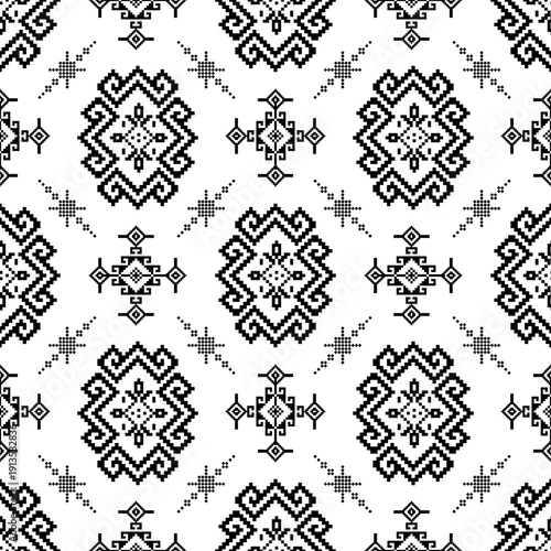 Seamless Tribal Ethnic Ornament Pattern in Black and White Folk Style. ideal for fabric prints, fashion textiles, wallpapers, home decor, packaging, stationery, and branding.