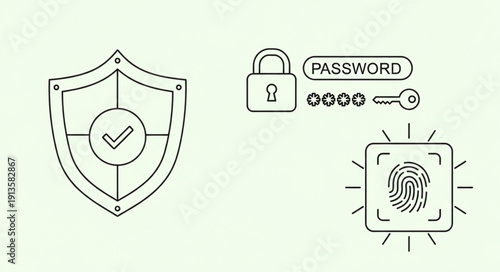Cybersecurity concept with shield lock and fingerprint icons.