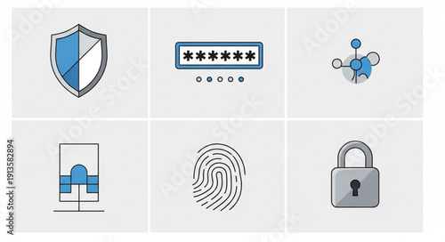 Cybersecurity icons representing digital safety and data protection concepts.