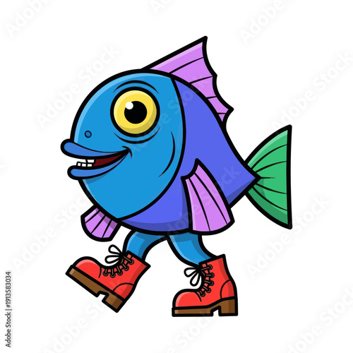 Cartoon Fish Walking in Boots, Cute Character, Funny Animal