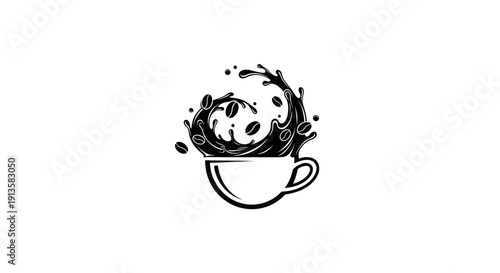 Coffee Splash in Cup with Beans, Dynamic Liquid Swirl, Black and White