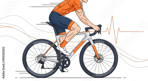 Cyclist Riding Bicycle with Heartbeat Line Graphic.