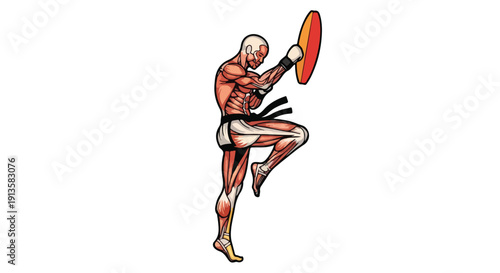 Anatomical illustration of a man kicking with muscles visible, holding a frisbee in a dynamic pose against a plain white background.