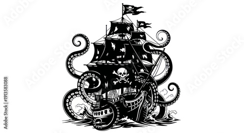 Pirate Ship Attacked by Kraken Tentacles, Nautical Adventure