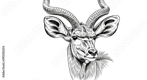 Detailed ink drawing of a magnificent kudu antelope head.