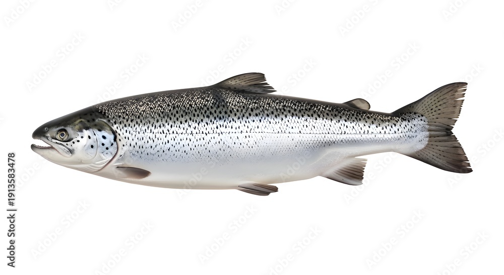 Obraz premium Large Whole Fresh Atlantic Salmon Fish with Silver Scales and Detailed Fins Isolated on a Pure White Background for Seafood Marketing, Gourmet Culinary Branding, and Healthy Nutrition Photography