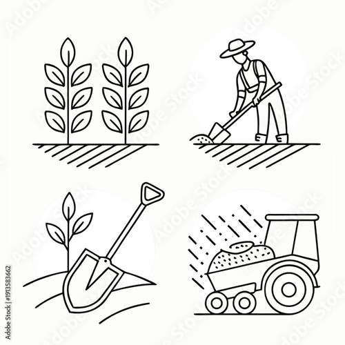 Adobe Illustrator Agriculture line icon set. Includes agriculture, seedling plants, plant care, harvest. Artwork