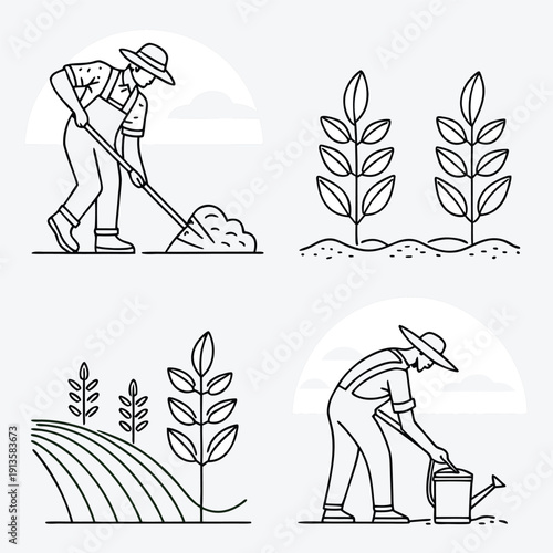 Adobe Illustrator Agriculture line icon set. Includes agriculture, seedling plants, plant care, harvest. Artwork