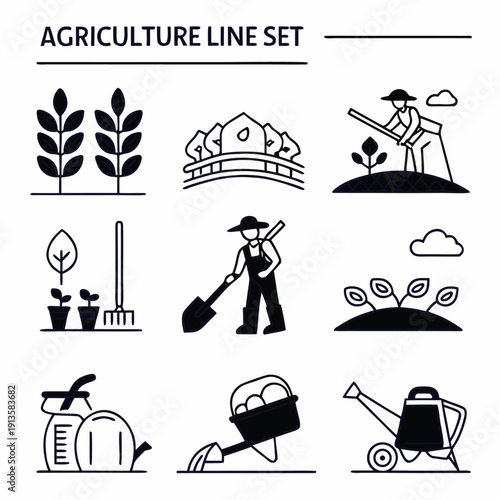 Adobe Illustrator Agriculture line icon set. Includes agriculture, seedling plants, plant care, harvest. Artwork