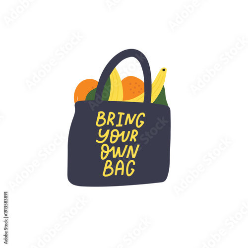 Bring your own bag eco illustration with reusable tote. Ideal for sustainable campaigns, packaging, and social media graphics.