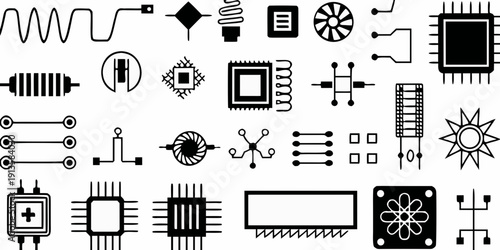 Collection of electronic component symbols on a white background