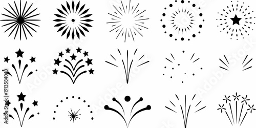 Assorted black and white firework illustrations arranged in a grid pattern