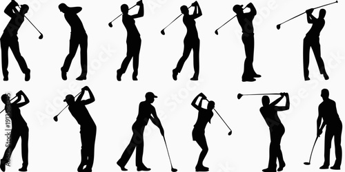 Silhouettes of golfers in various stages of a golf swing