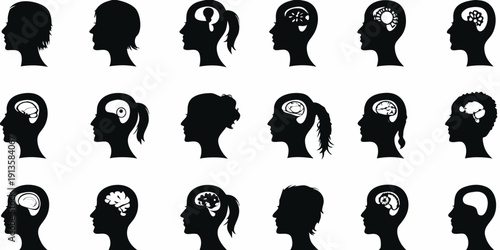 Silhouettes of human heads with varying internal brain imagery