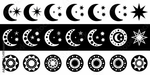 Lunar phases illustrated in a decorative black and white pattern