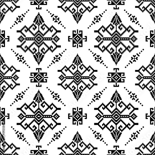 Seamless Tribal Ethnic Ornament Pattern in Black and White Folk Style. ideal for fabric prints, fashion textiles, wallpapers, home decor, packaging, stationery, and branding.
