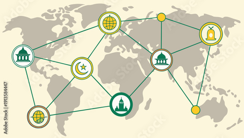 Global Muslim Network Map Illustration Showing Connections Between Religious Sites Worldwide