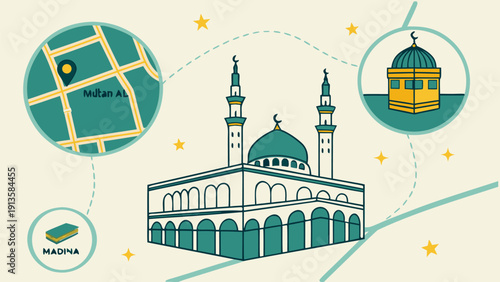 Navigating through sacred sites during Hajj and Umrah pilgrimage with a detailed map vector illustration