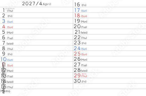 2027年シンプルカレンター　4月　曜日英語