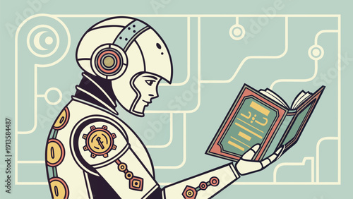 Robot reading a book with intricate designs on its body while wearing headphones in a technical environment