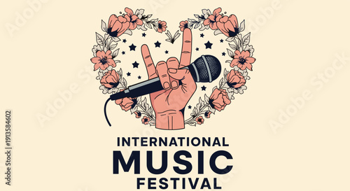 International music festival poster featuring a hand holding a microphone with a rock gesture inside a decorative floral heart.