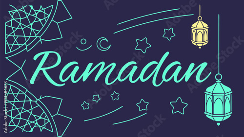 Ramadan crescent illustration with mosque silhouettes, lanterns, and stars on a dark background, vector graphics