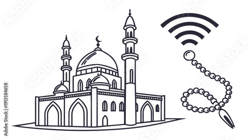 A serene mosque interior with prayer beads and digital screens viewed from a peaceful environment