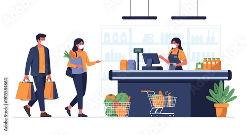 People wearing protective face masks shopping at a supermarket checkout counter with a cashier during a global health crisis.
