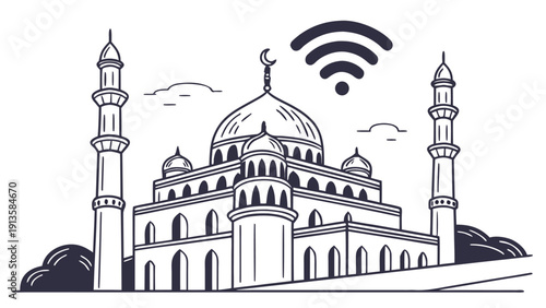 Illustration of a mosque with Wi-Fi connectivity, showcasing technology integration in religious architecture from a frontal viewpoint