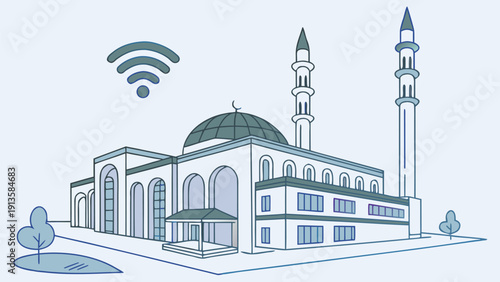 A modern mosque with wifi signal during ramadan, depicted in a sleek vector illustration from a frontal viewpoint, highlighting the architectural innovation and community aspects.