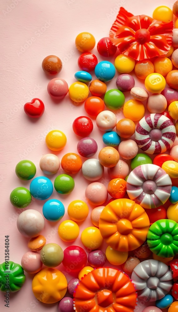 Obraz premium Assortment of colorful candies arranged artistically on a pastel background, taffy, confectionery art
