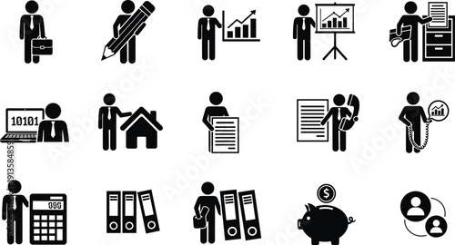 Business and finance icon set showing manager, analytics, documents, calculator, piggy bank and office workflow symbols vector illustration isolated background